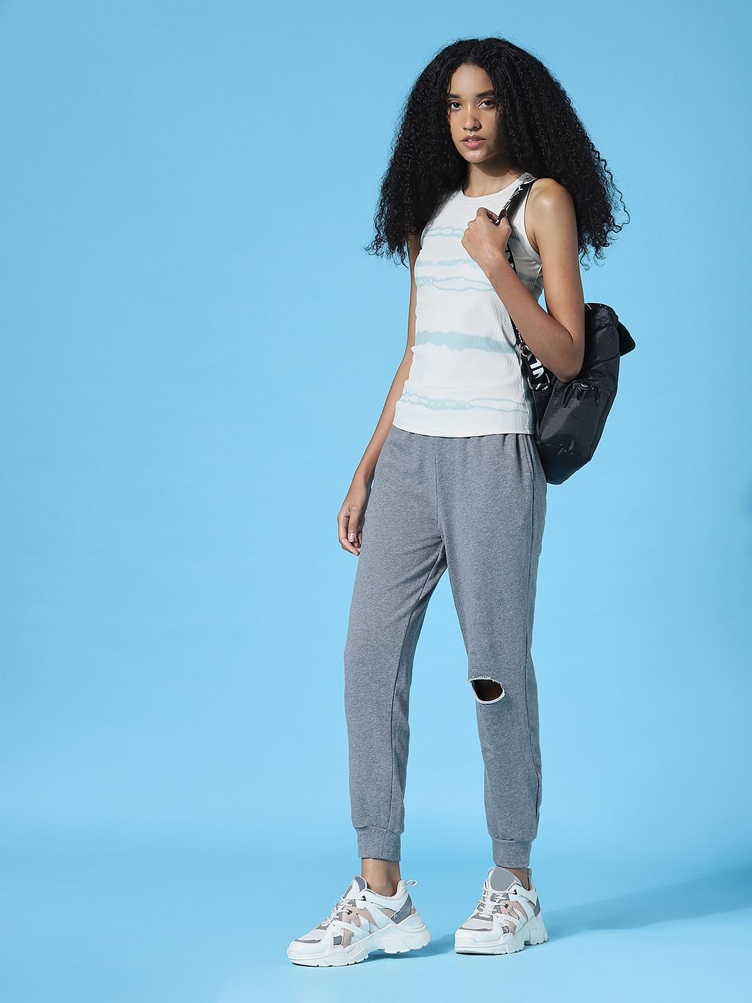 Grey High Rise Knee Cut Sweatpants
