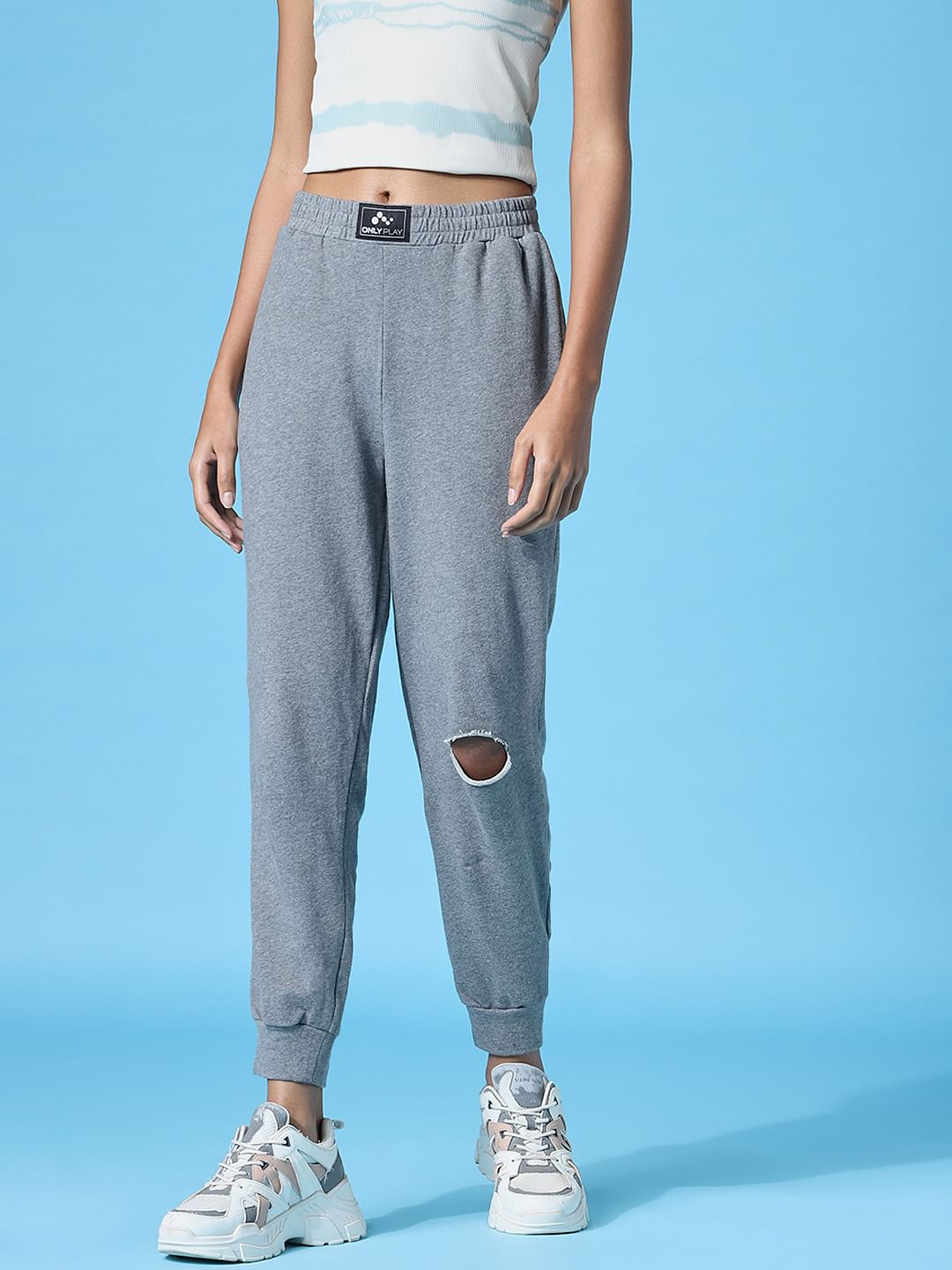 Grey High Rise Knee Cut Sweatpants