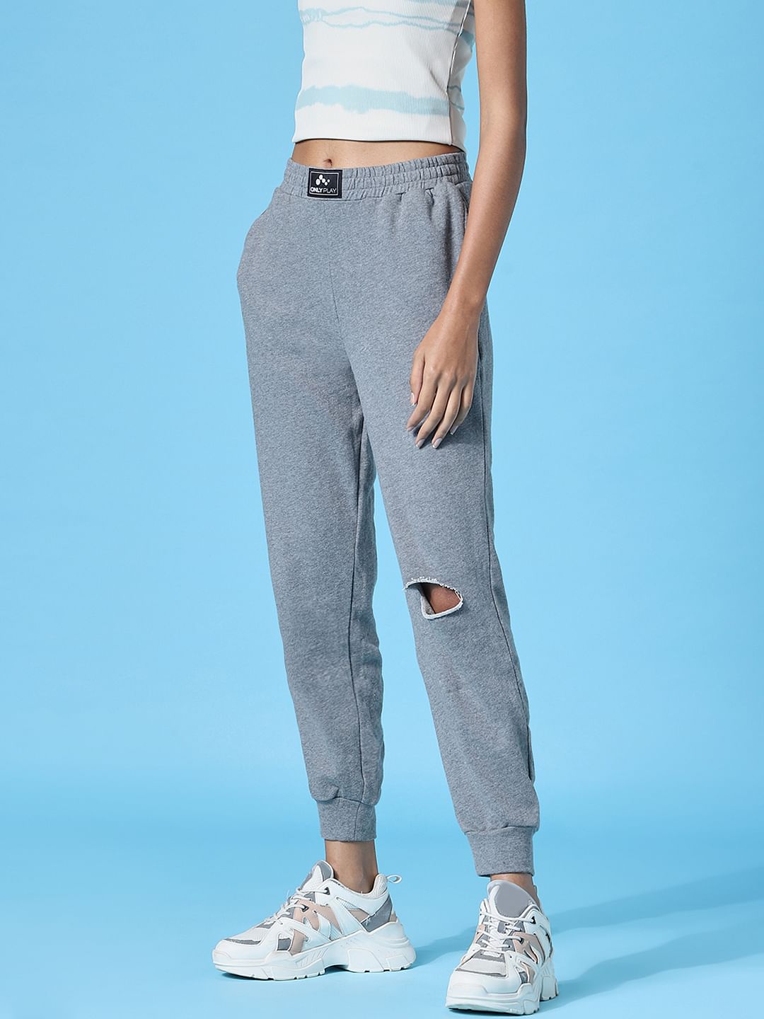 Grey High Rise Knee Cut Sweatpants