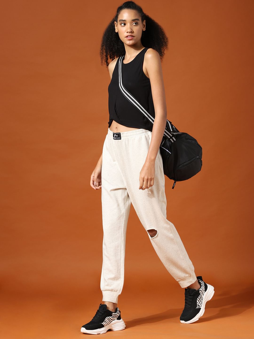 Beige High Rise Knee Cut Sweatpants