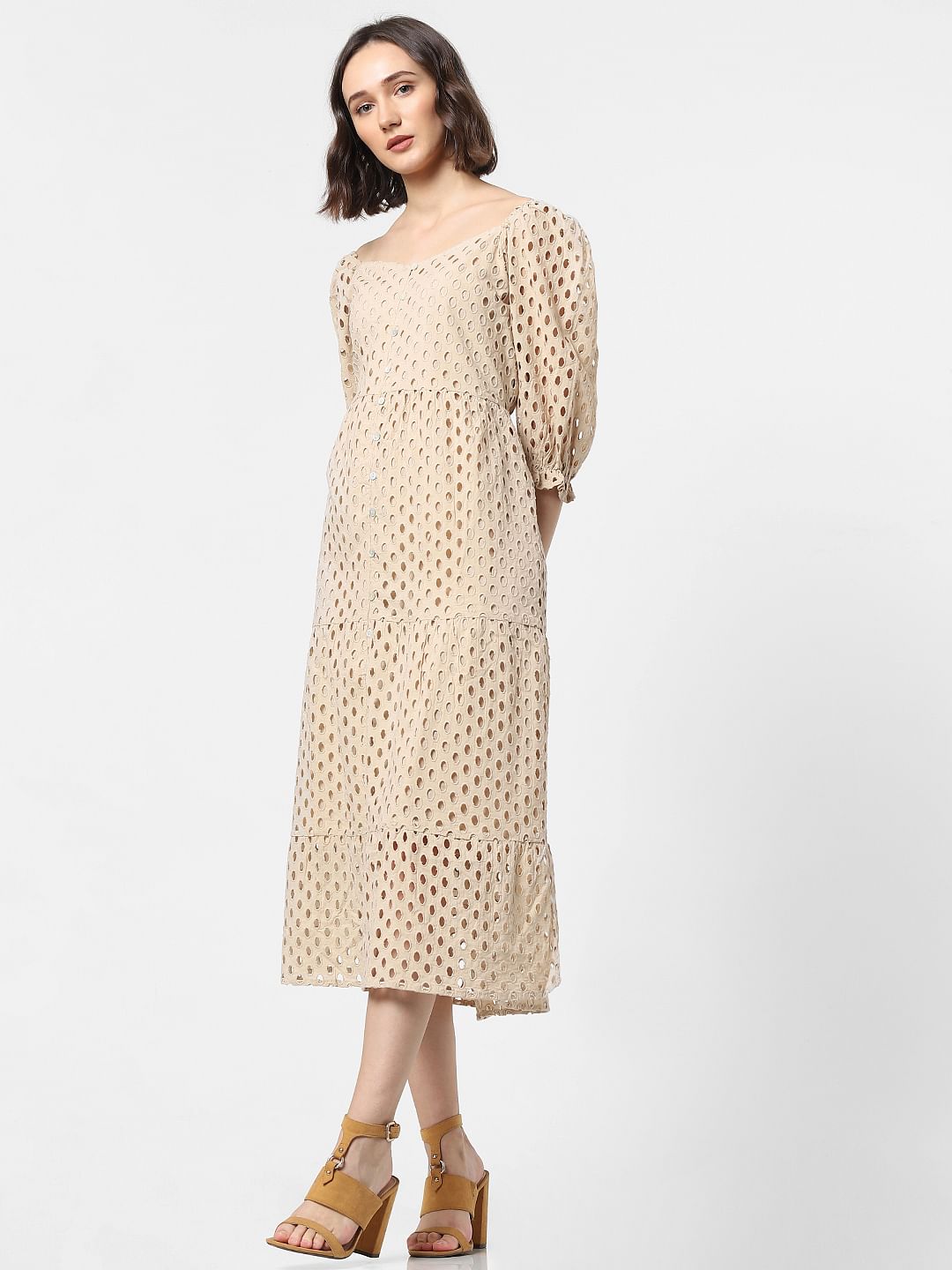 Beige Schiffli Embroidered Midi Dress