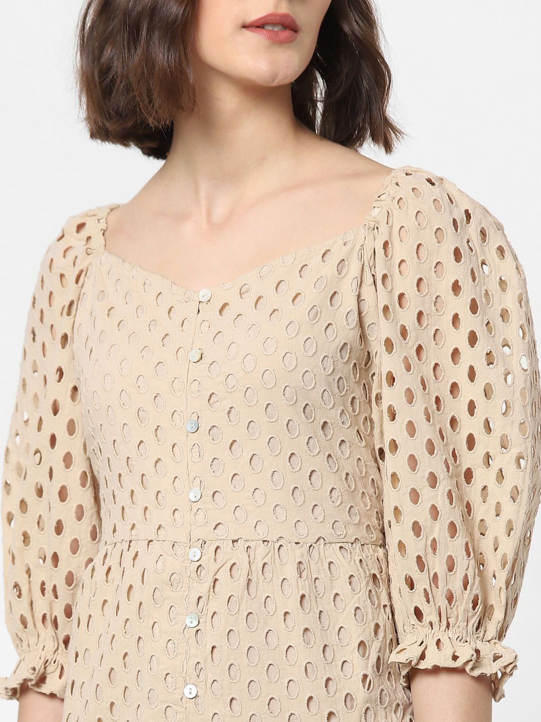 Beige Schiffli Embroidered Midi Dress