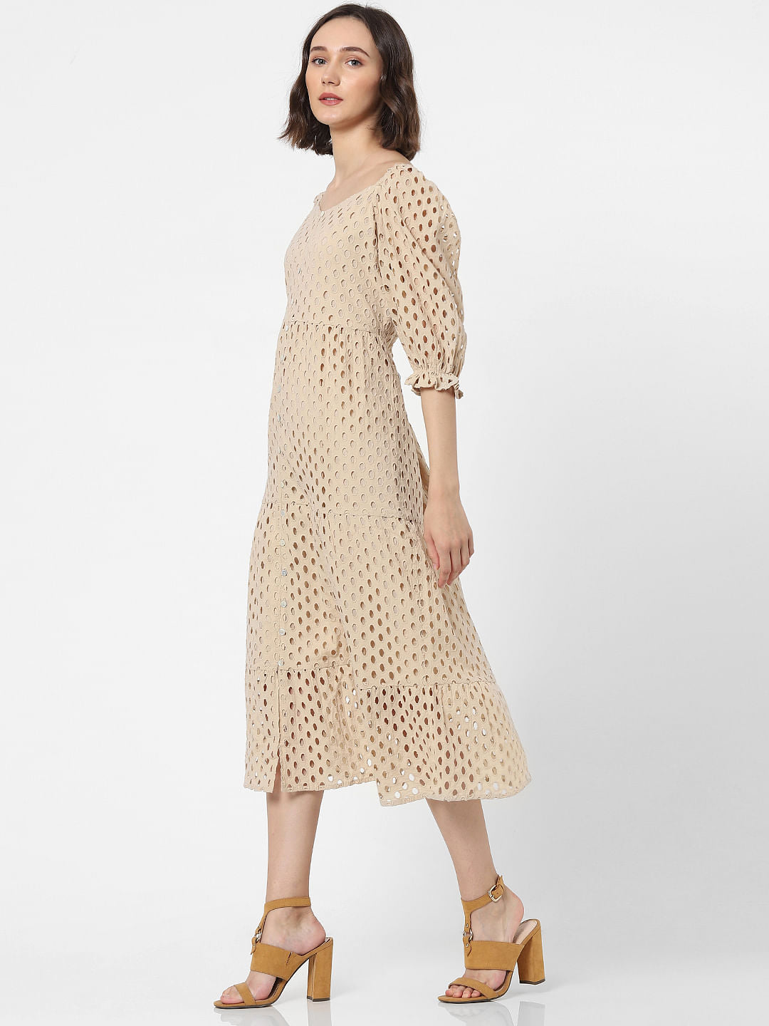 Beige Schiffli Embroidered Midi Dress