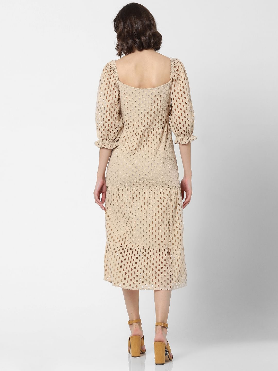 Beige Schiffli Embroidered Midi Dress