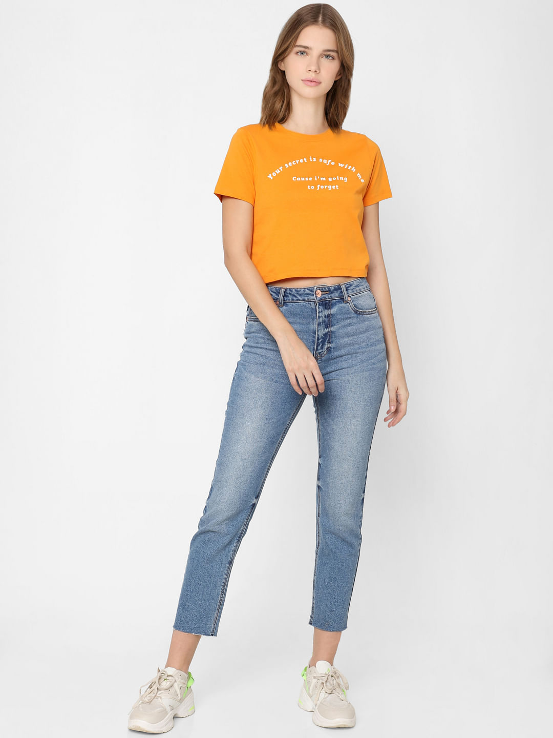 Orange Slogan Print Cropped T-Shirt
