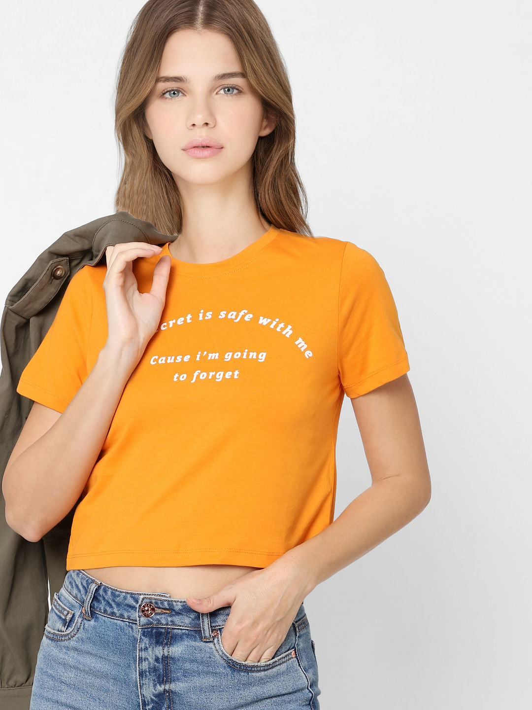 Orange Slogan Print Cropped T-Shirt