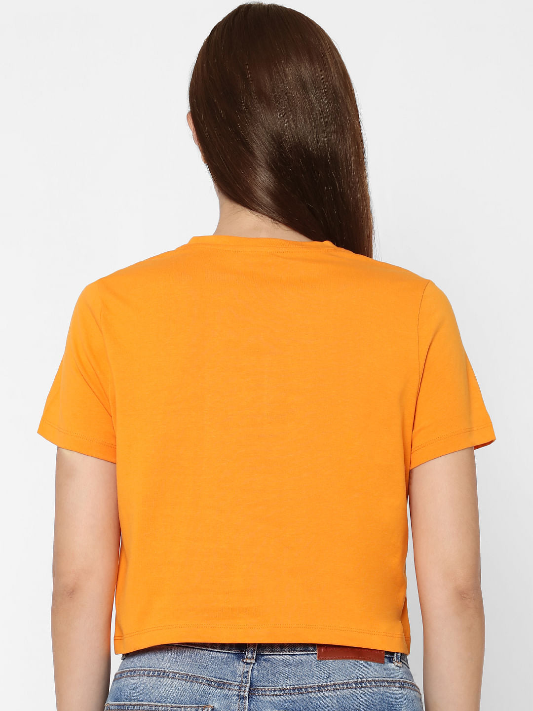 Orange Slogan Print Cropped T-Shirt