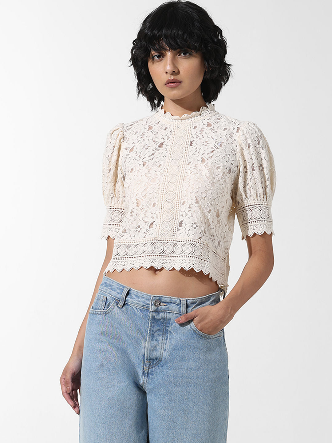 Cream Lace Puff-Sleeved Top