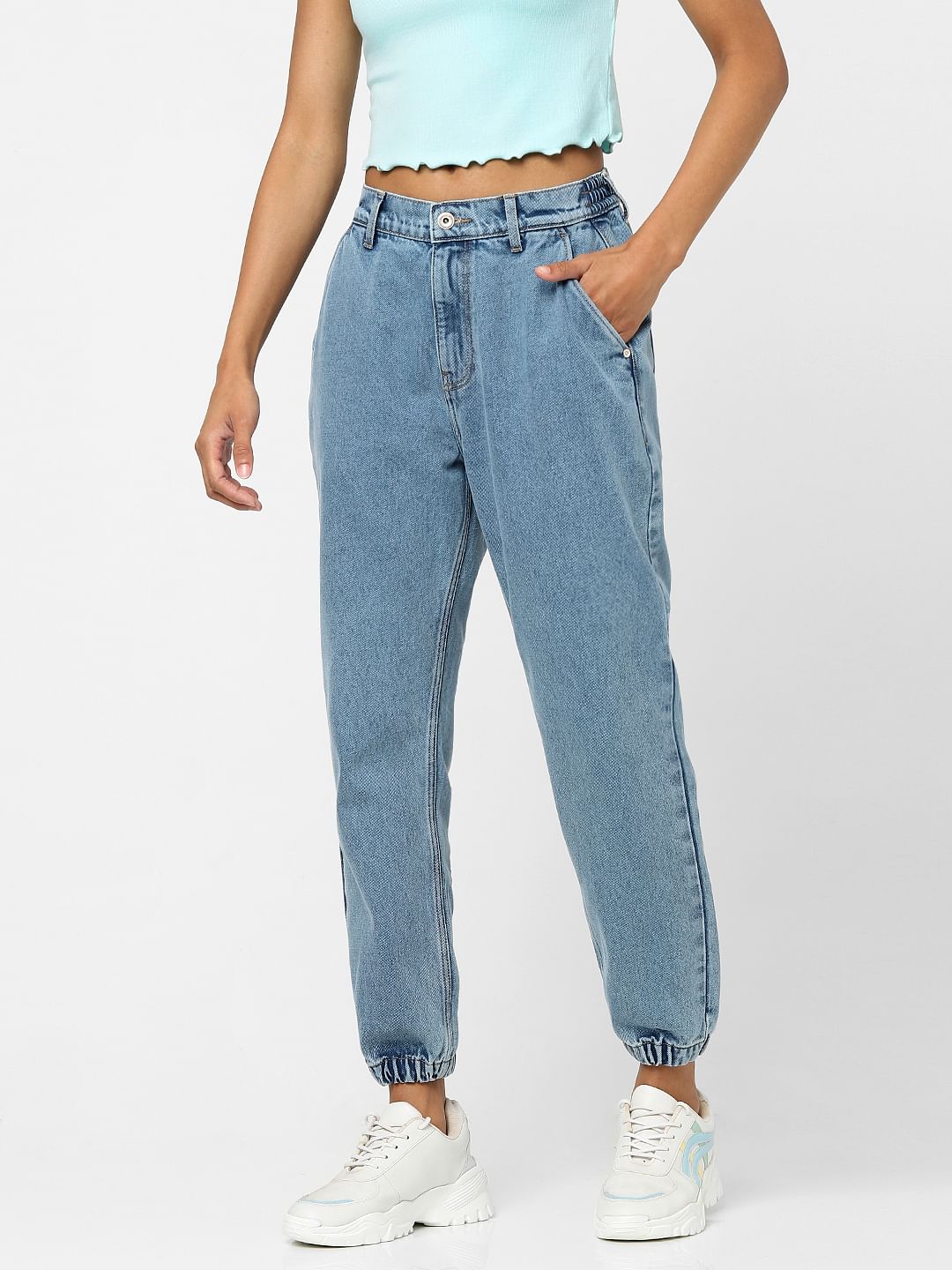 Blue High Waist Denim Joggers