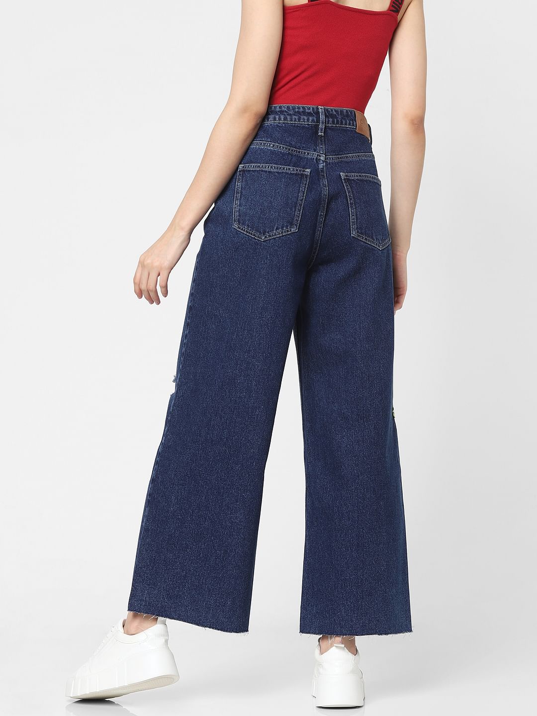 Blue High Rise Patch Print Flared Jeans