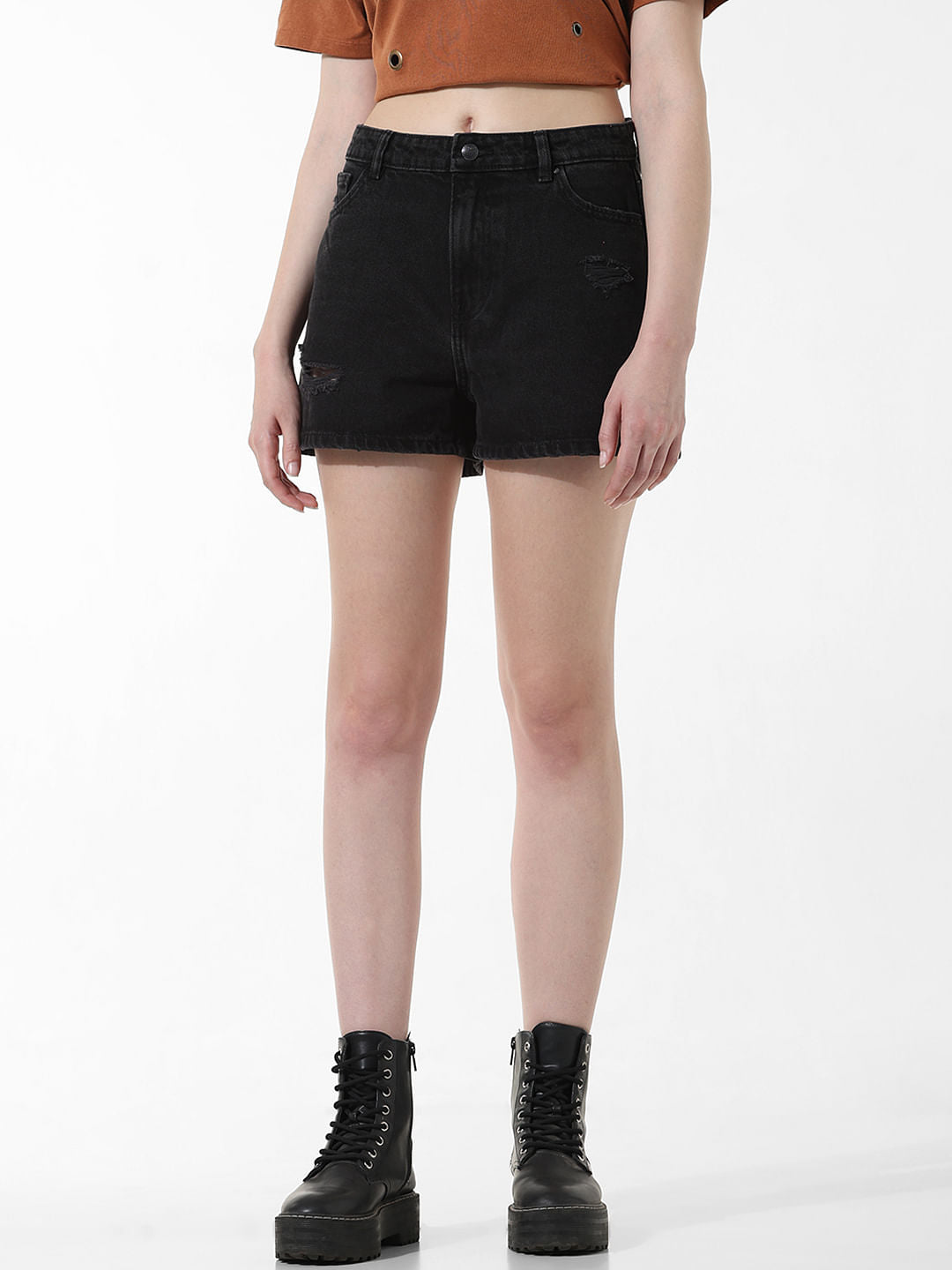 Black High Rise Distressed Denim Shorts