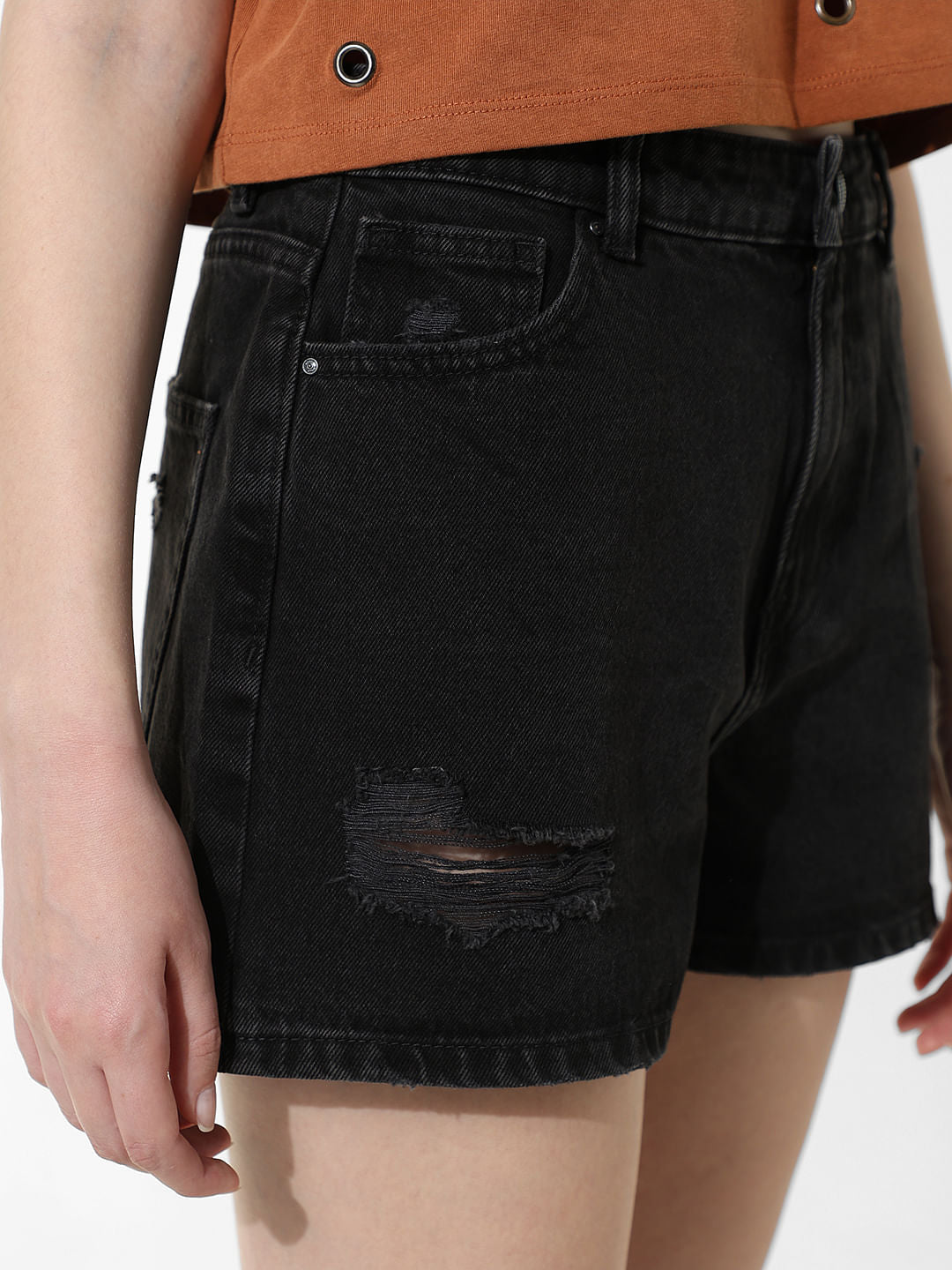 Black High Rise Distressed Denim Shorts