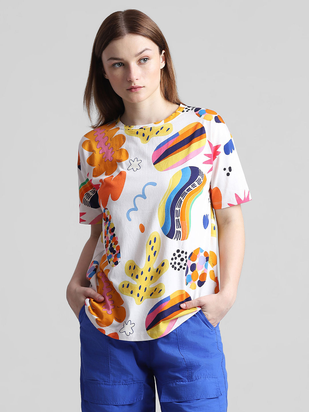 White Graphic Print Long T-Shirt