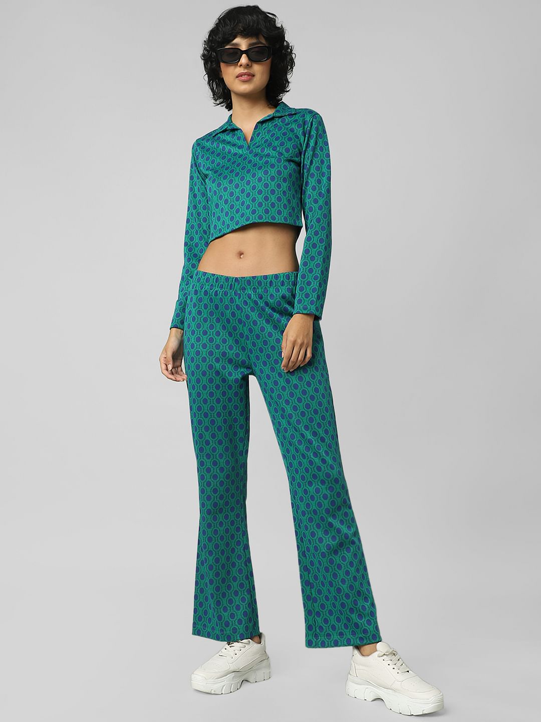 Green Mid Rise Flared Co-Ord Pants