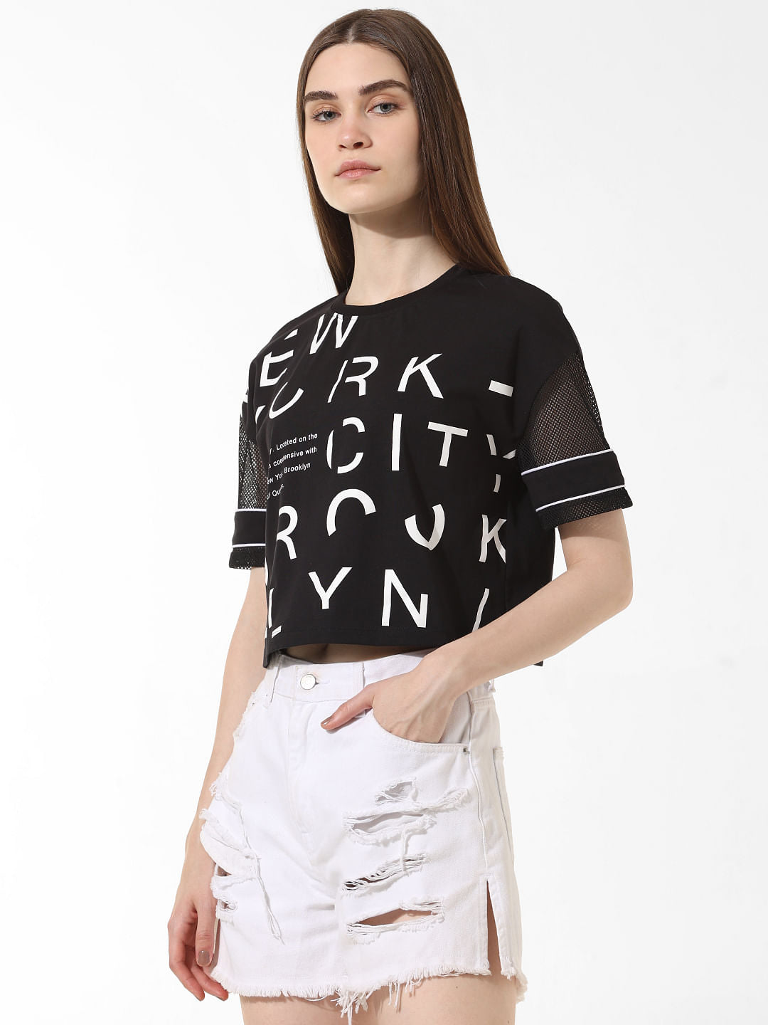 Black Mesh Cropped T-Shirt