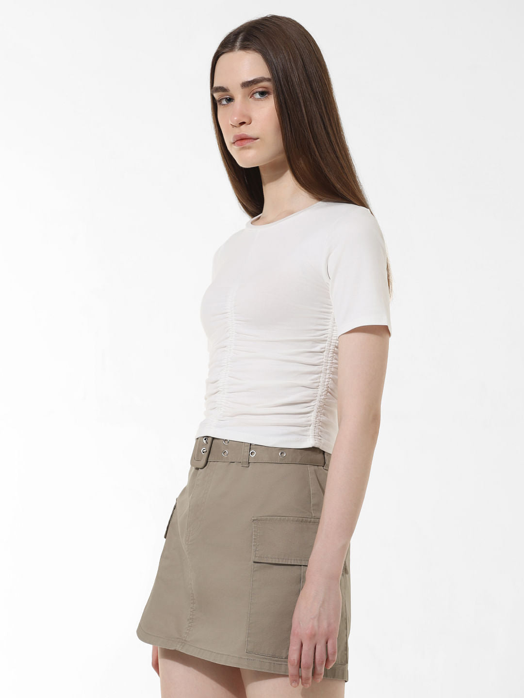 White Ruched Fitted T-Shirt