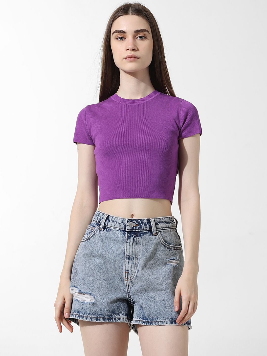 Purple Ribbed Cropped Top