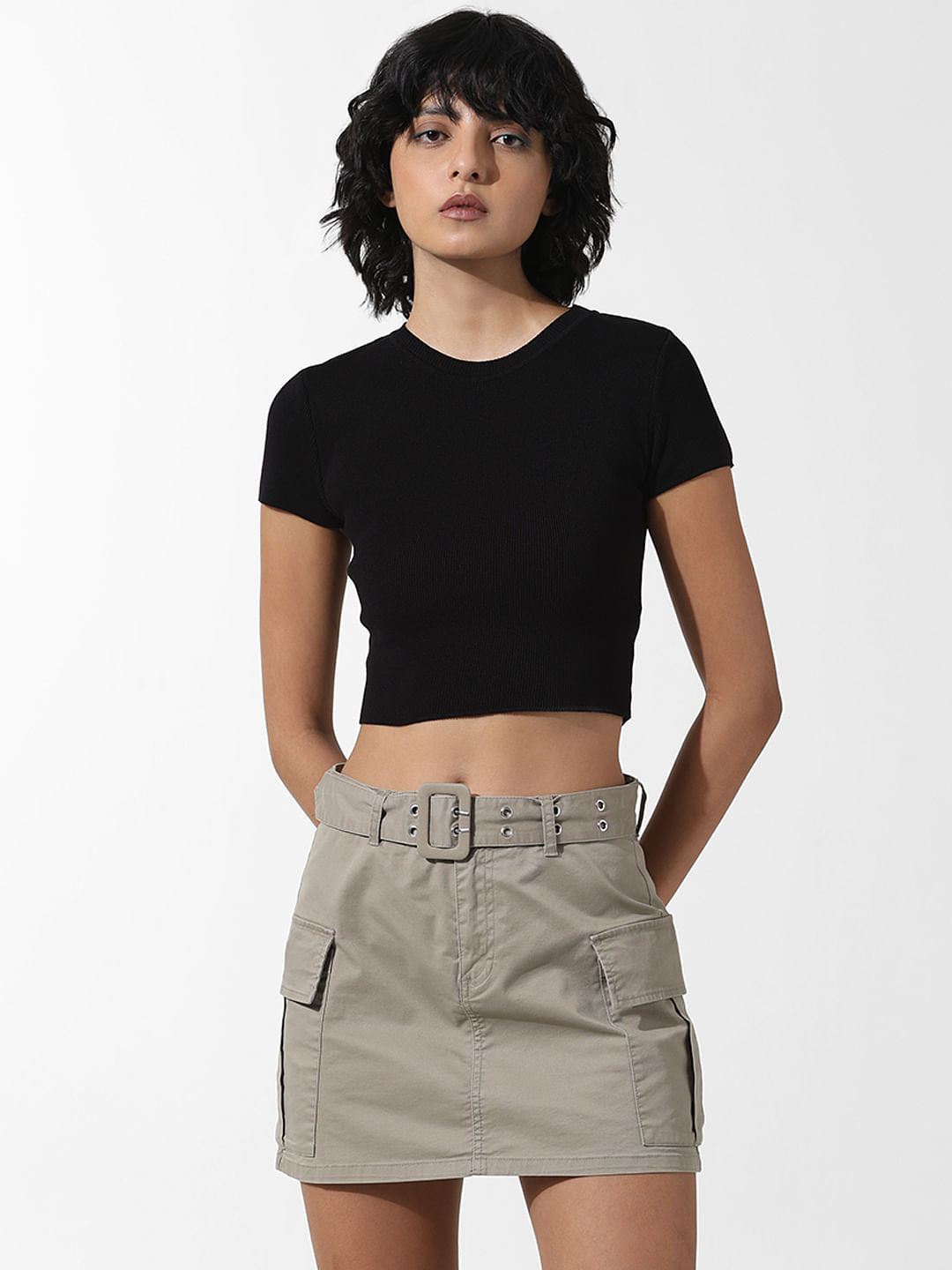 Black Ribbed Cropped Knit Top