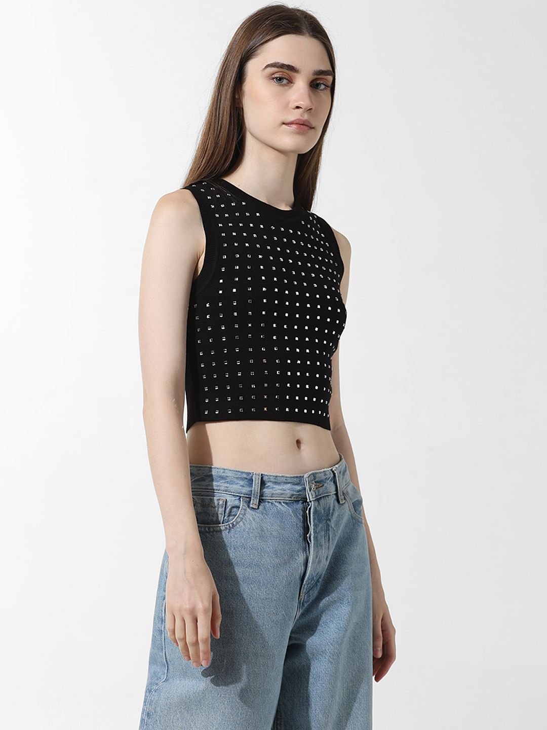 Black Embellished Cropped Top