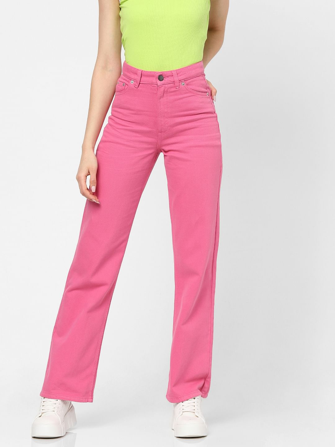 Pink High Rise Wide Leg Jeans