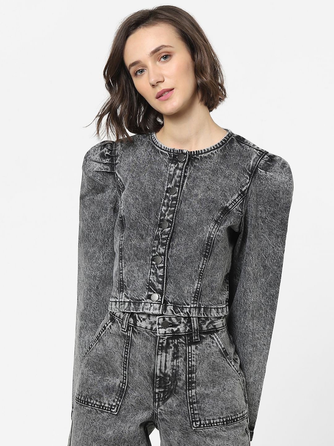 Grey Puff Sleeves Denim Jacket
