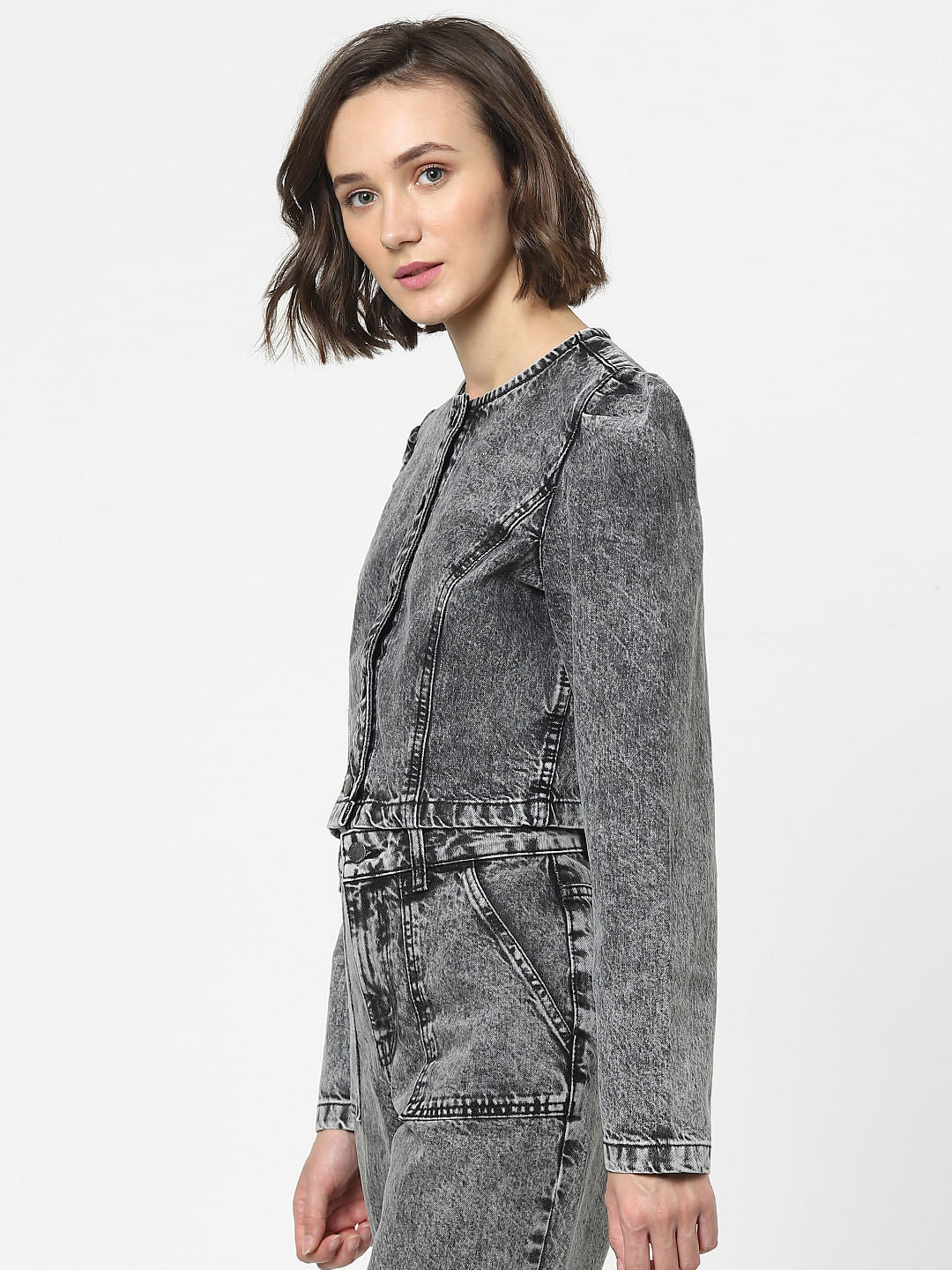 Grey Puff Sleeves Denim Jacket