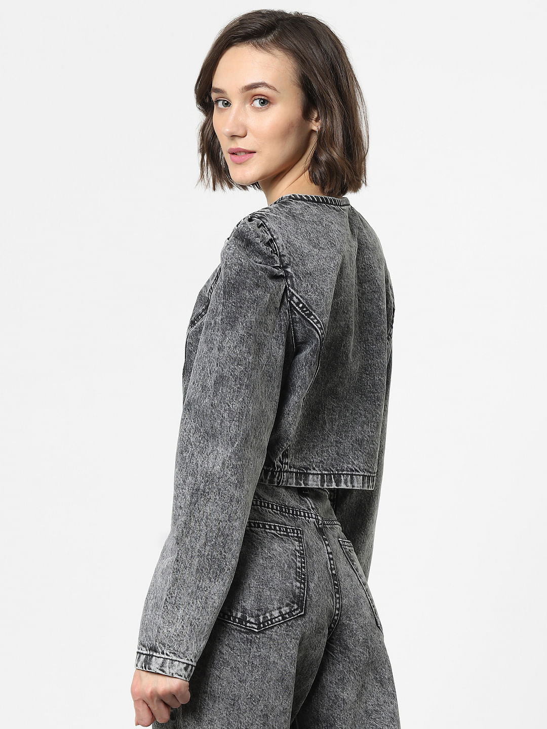 Grey Puff Sleeves Denim Jacket
