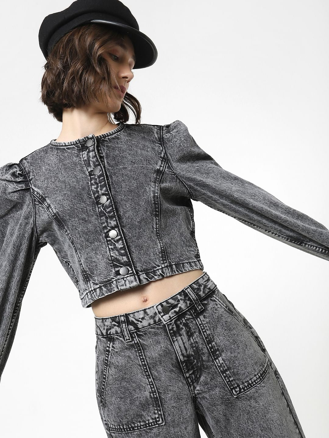 Grey Puff Sleeves Denim Jacket