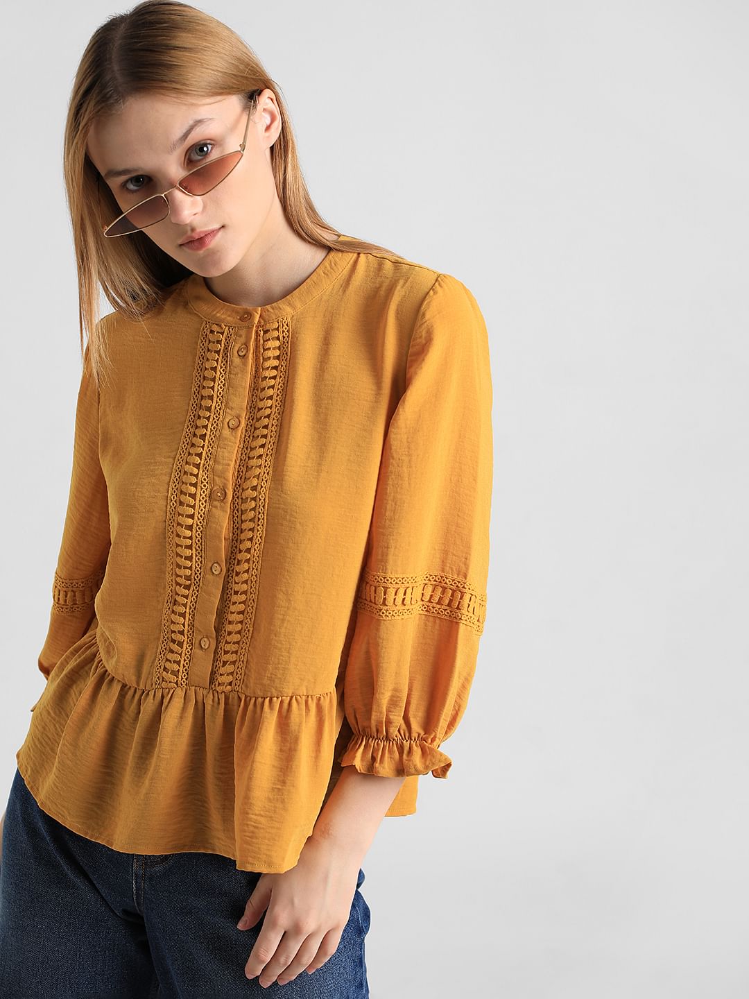 Yellow Lace Detail Peplum Top
