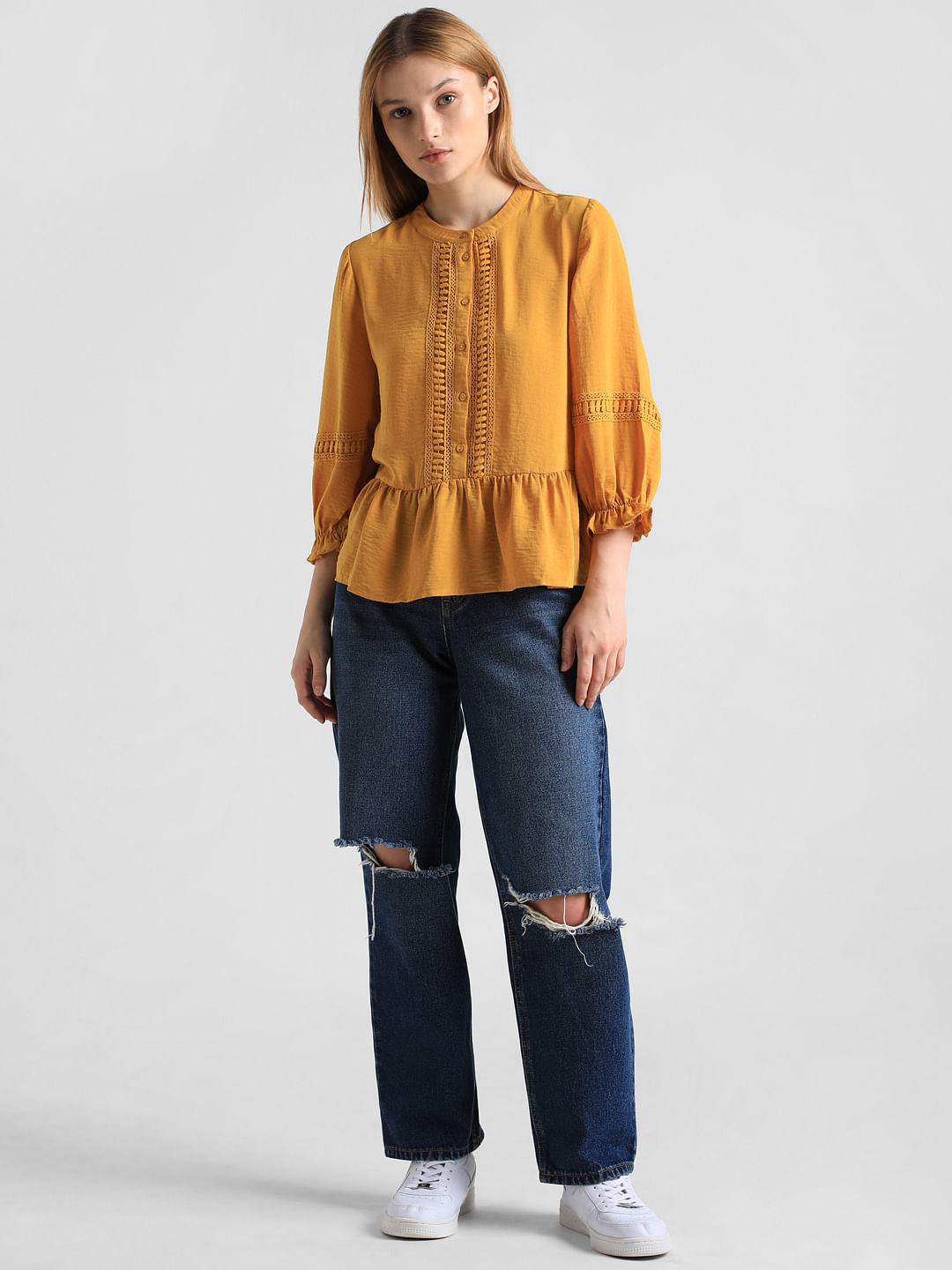 Yellow Lace Detail Peplum Top