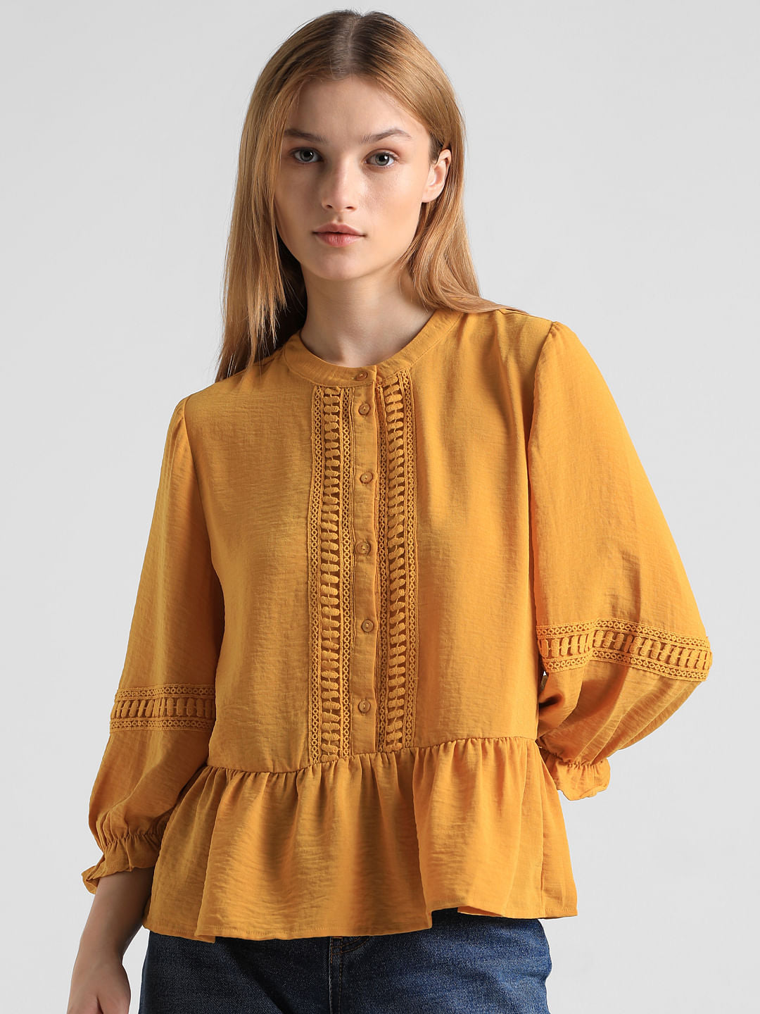 Yellow Lace Detail Peplum Top