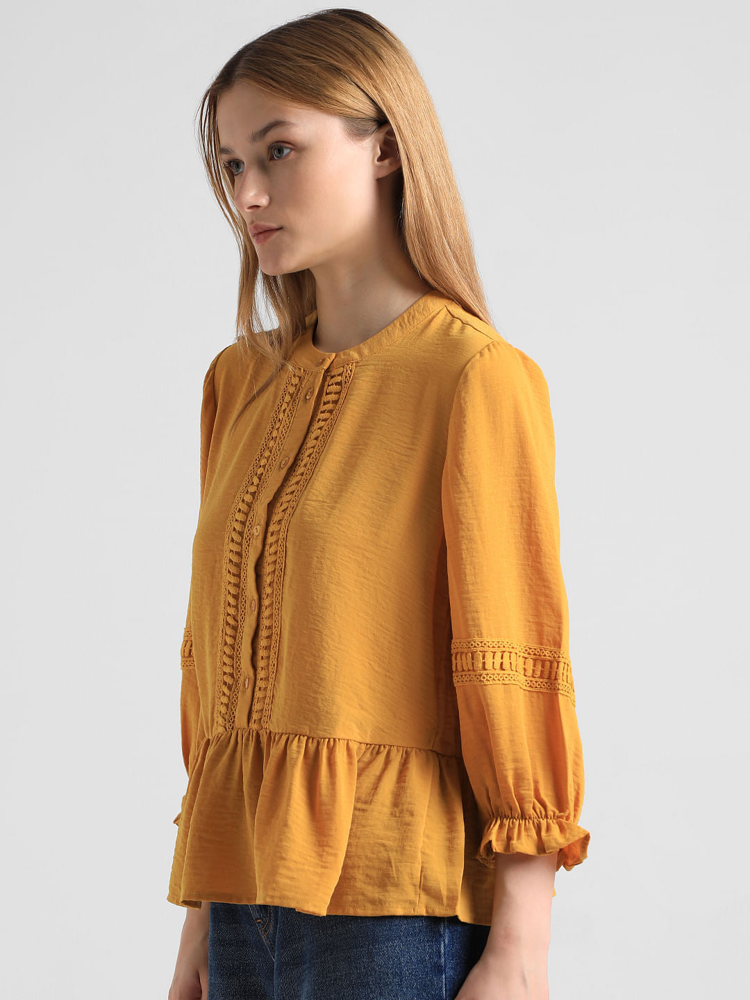 Yellow Lace Detail Peplum Top