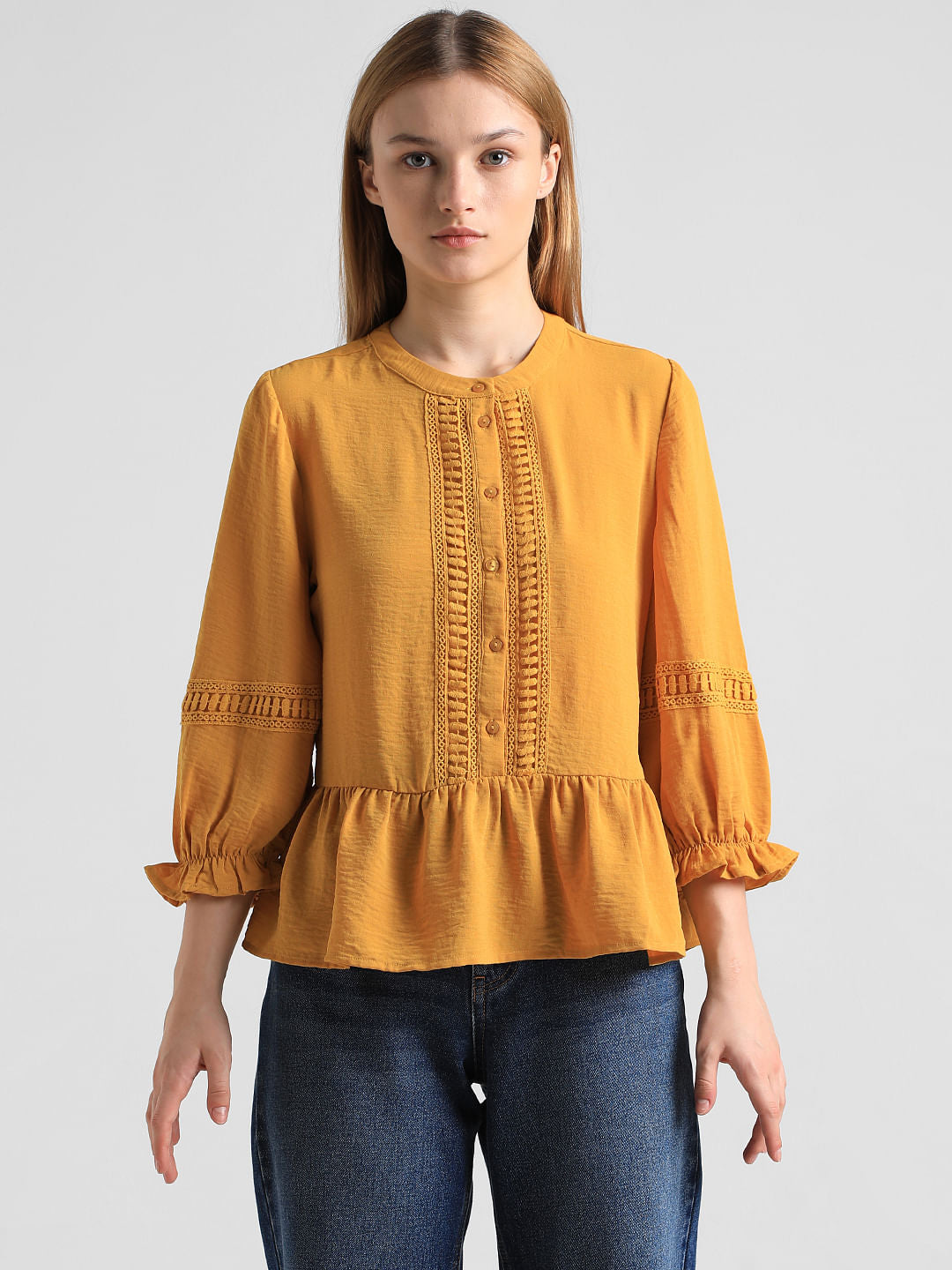 Yellow Lace Detail Peplum Top