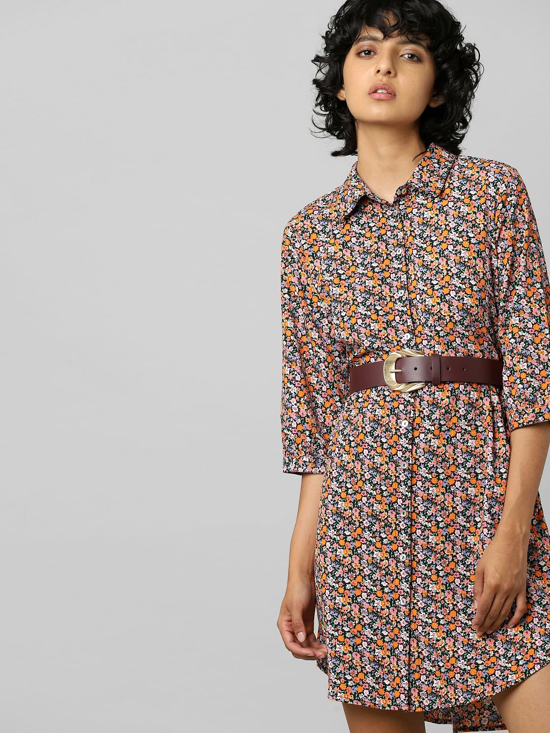 Red Floral Print Shirt Dress