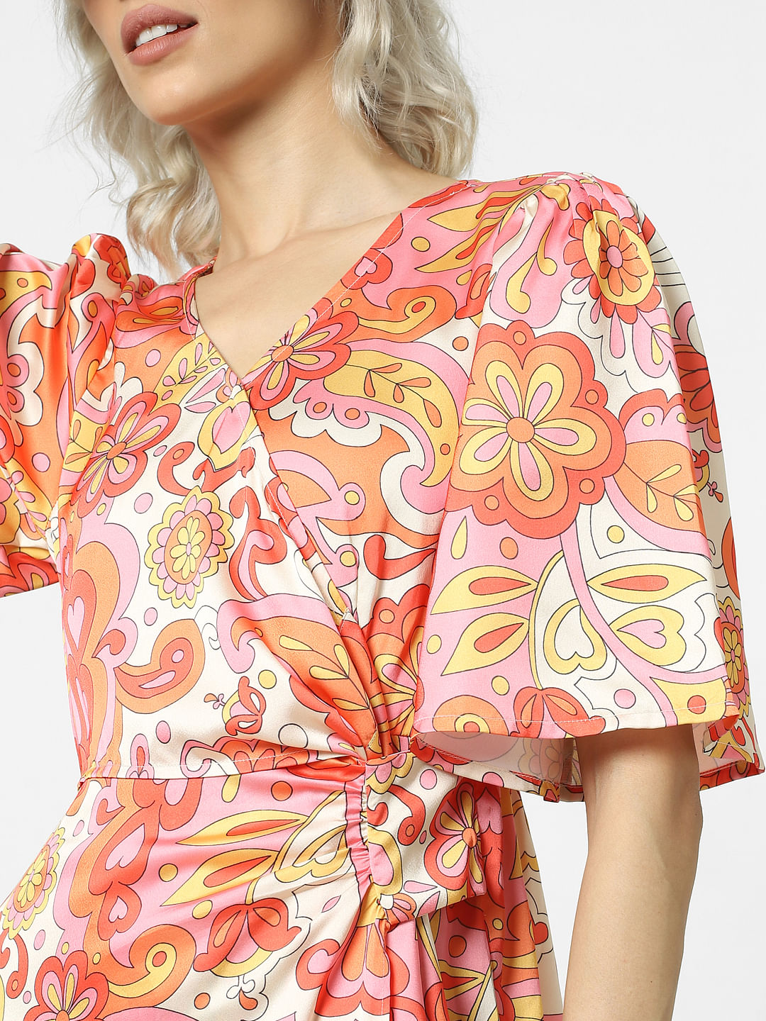 Orange All Over Print Wrap Dress