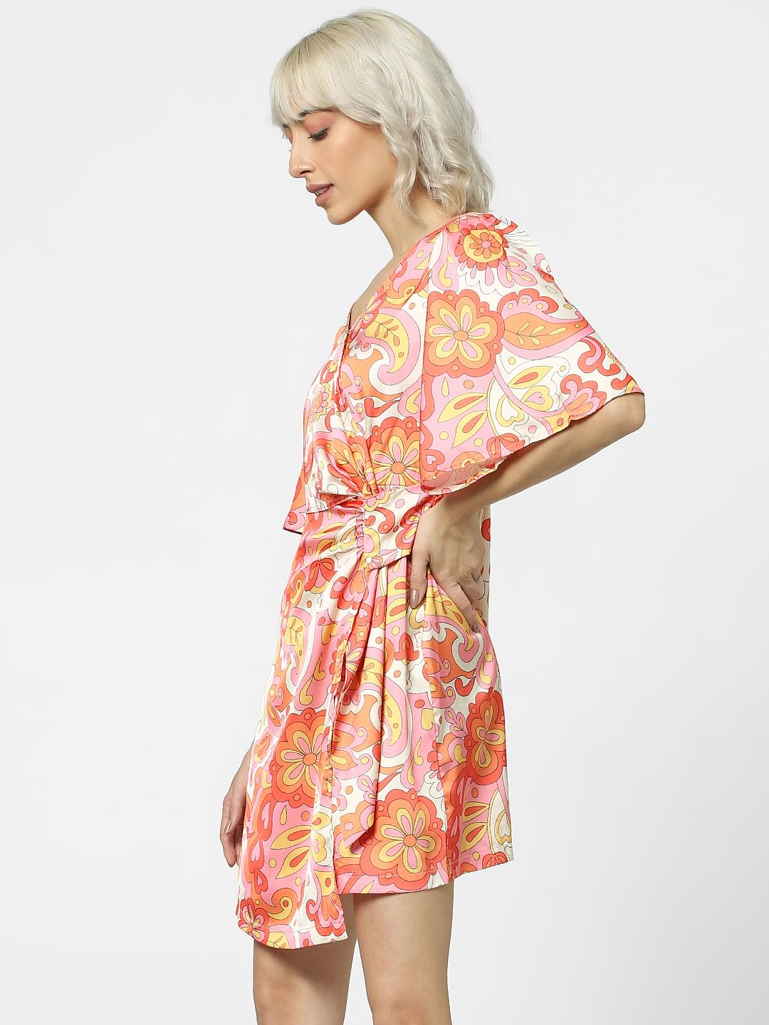 Orange All Over Print Wrap Dress