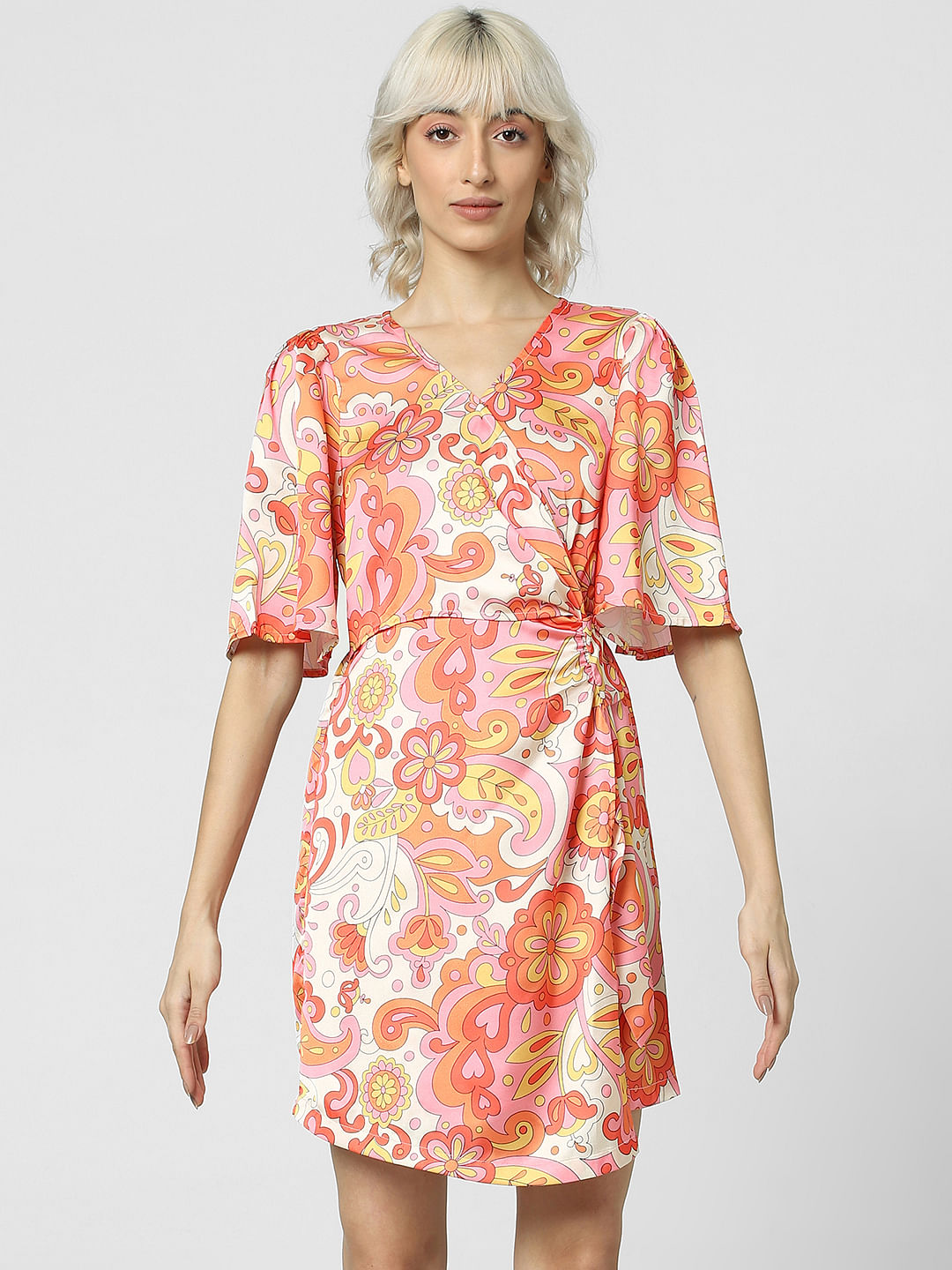 Orange All Over Print Wrap Dress