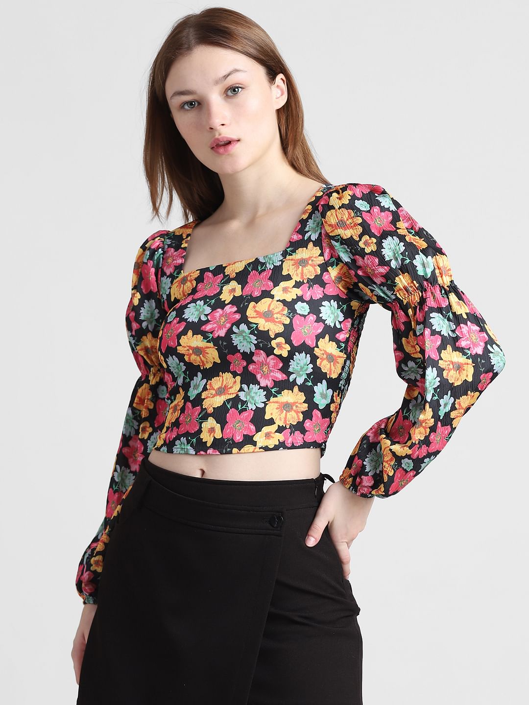 Black Floral Smocked Satin Top