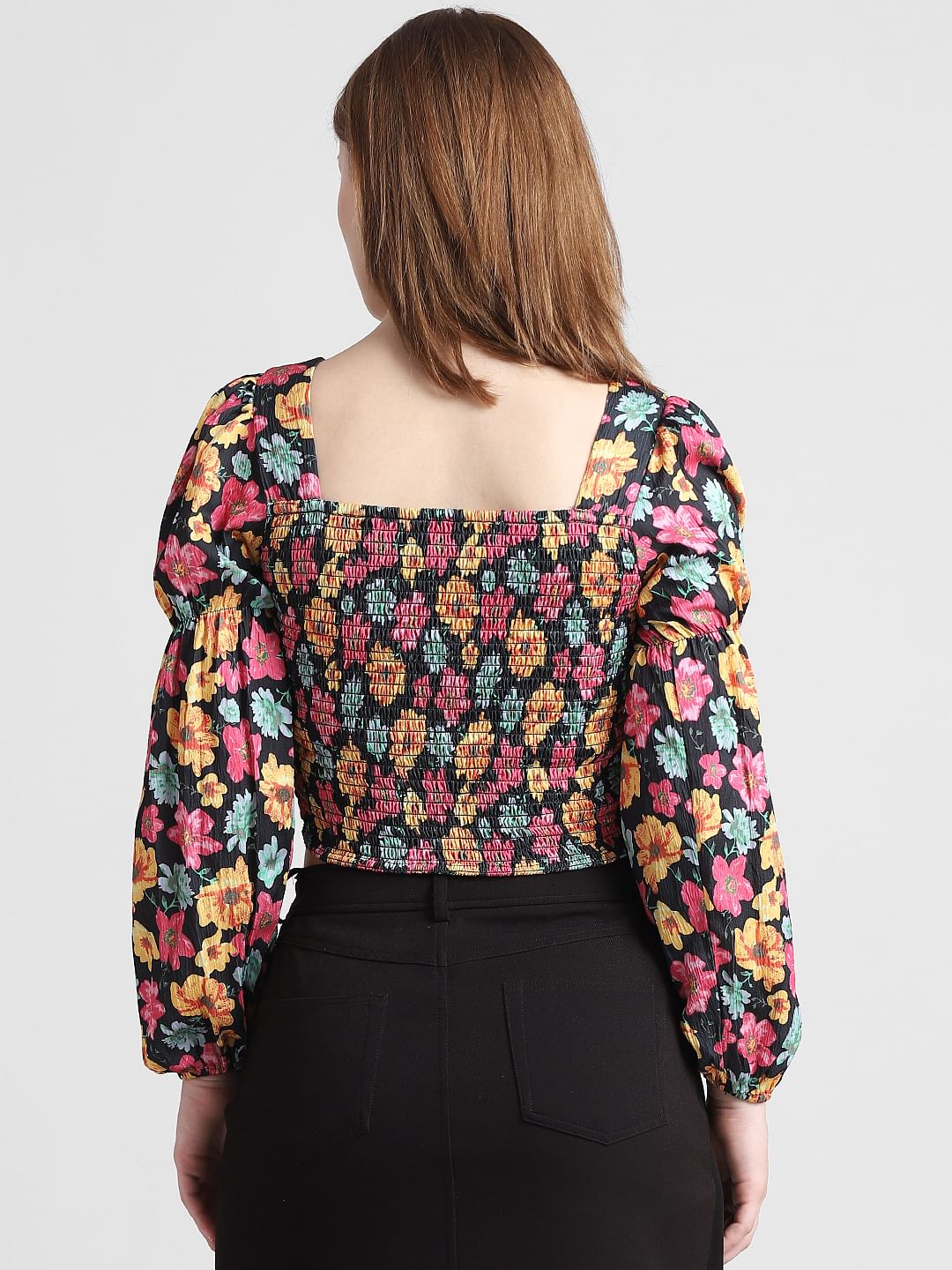 Black Floral Smocked Satin Top