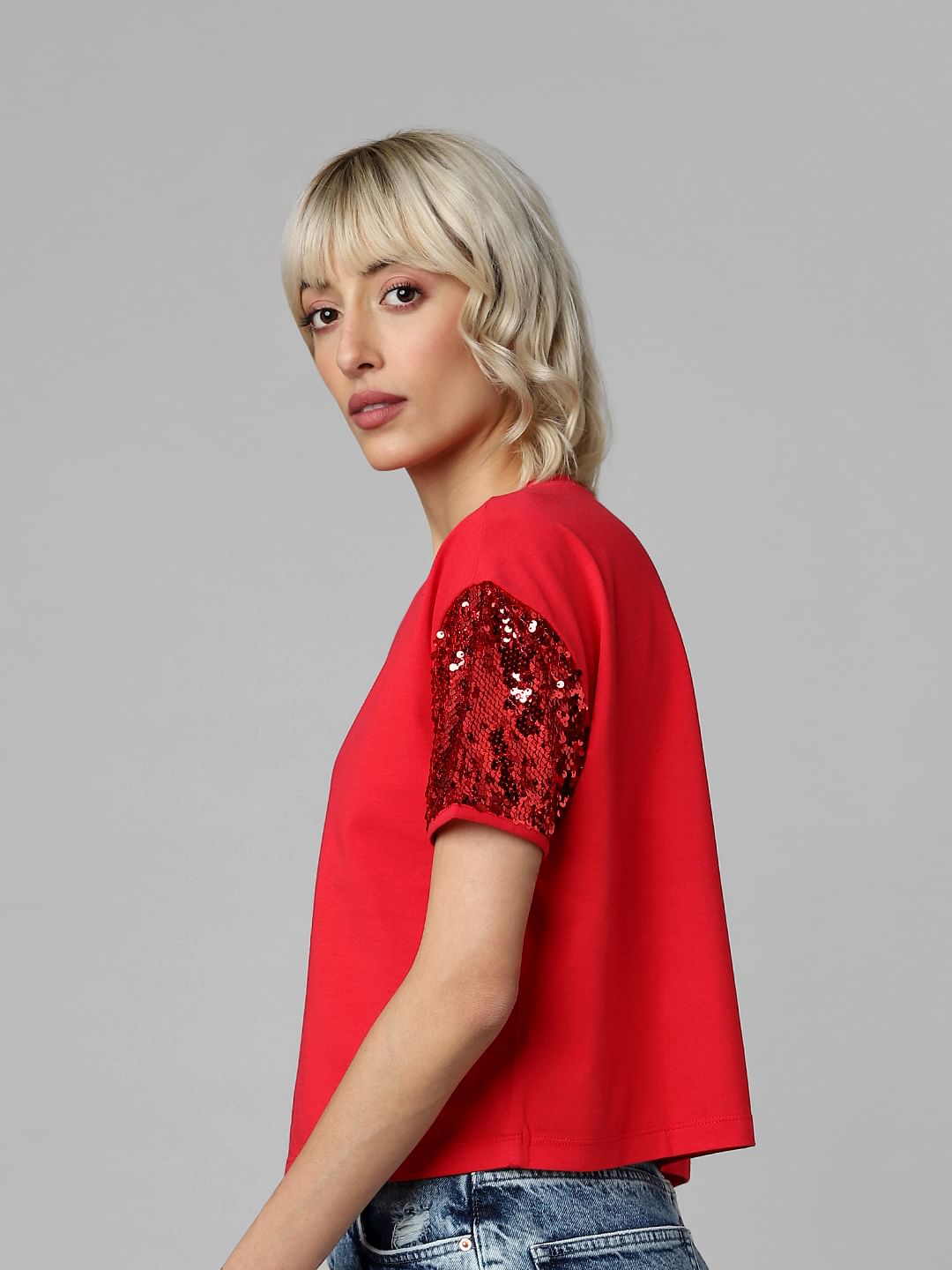 Red Sequinned Sleeves Knit Top