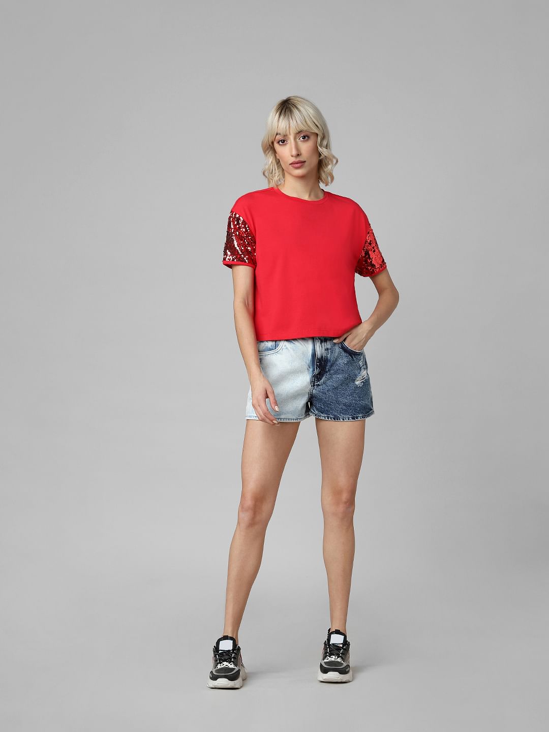 Red Sequinned Sleeves Knit Top