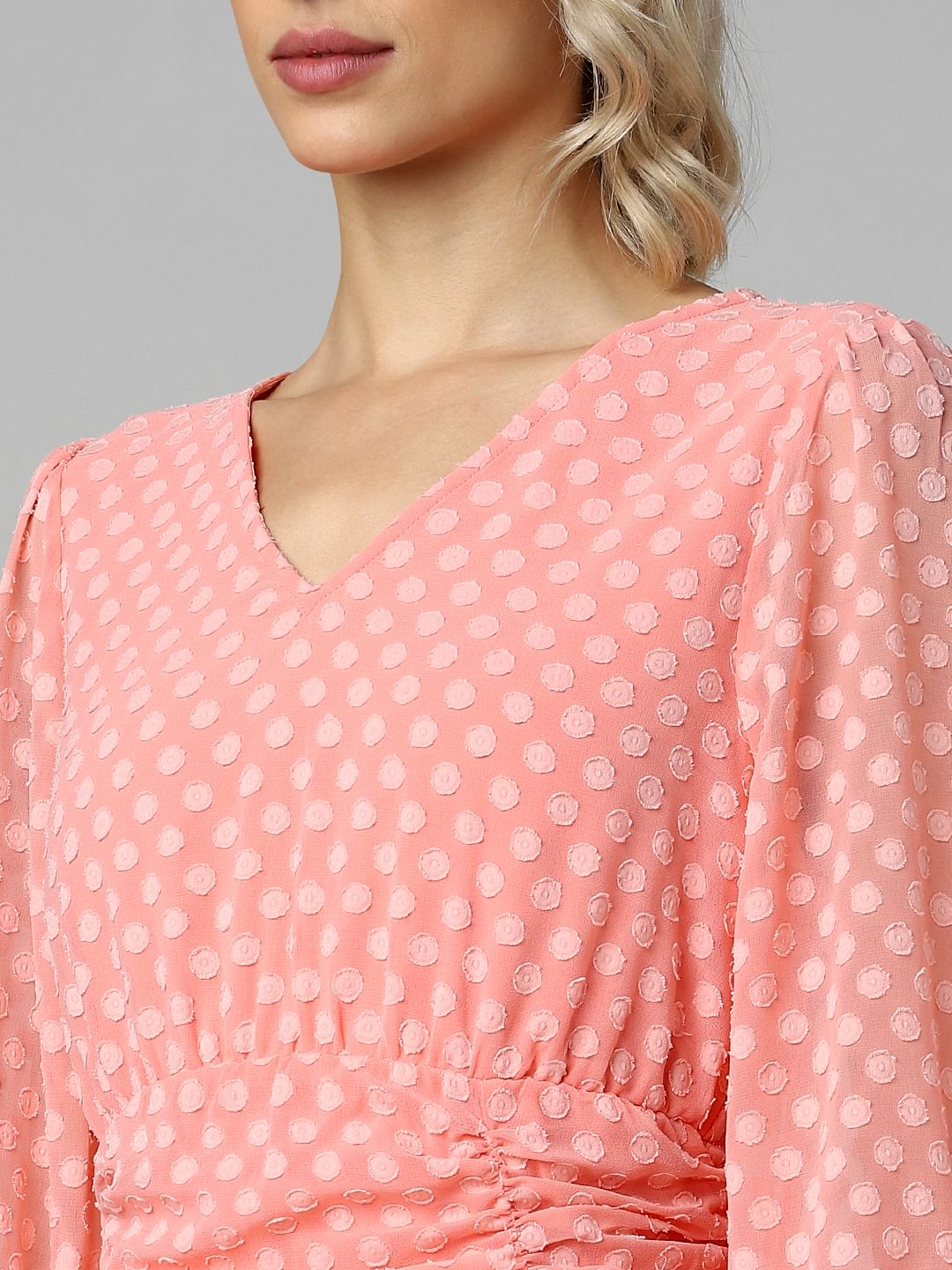 Peach Polka Dot Ruched Dress