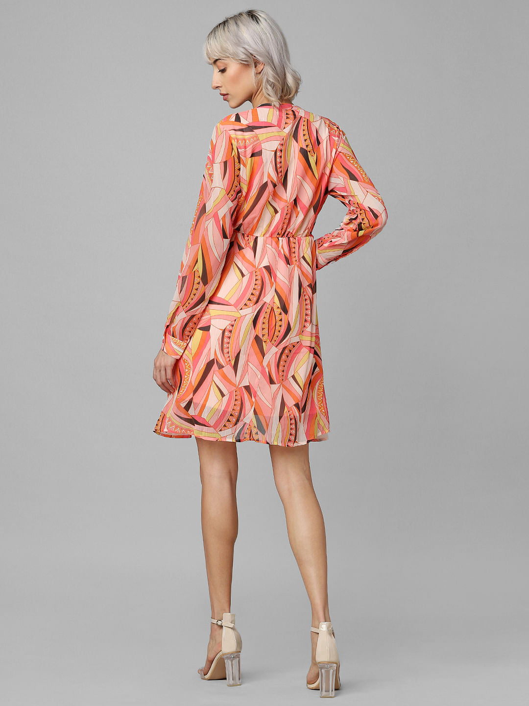 Peach Abstract Print Fit & Flare Dress