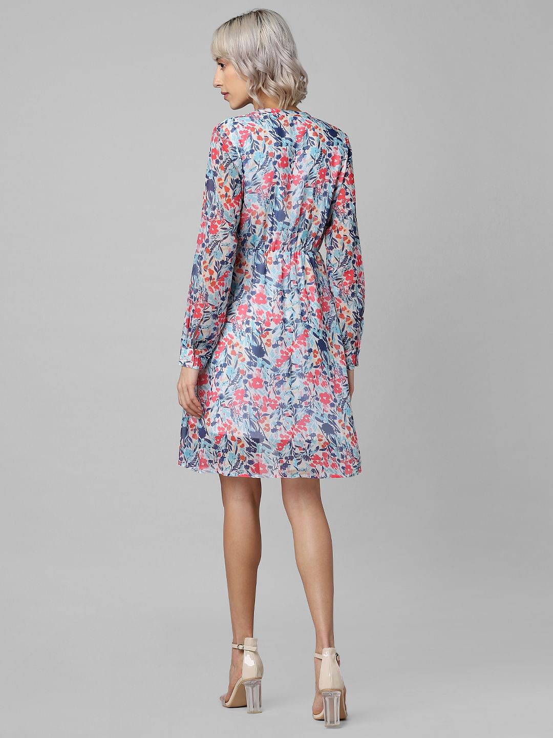 Blue Floral Print Fit & Flare Dress