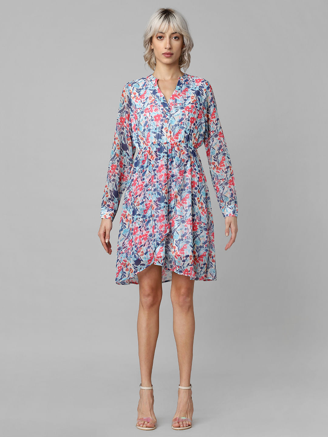 Blue Floral Print Fit & Flare Dress