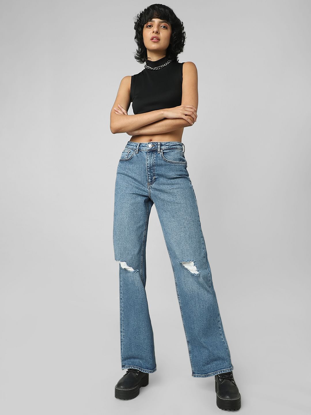 Blue High Rise Distressed Wide Leg Jeans