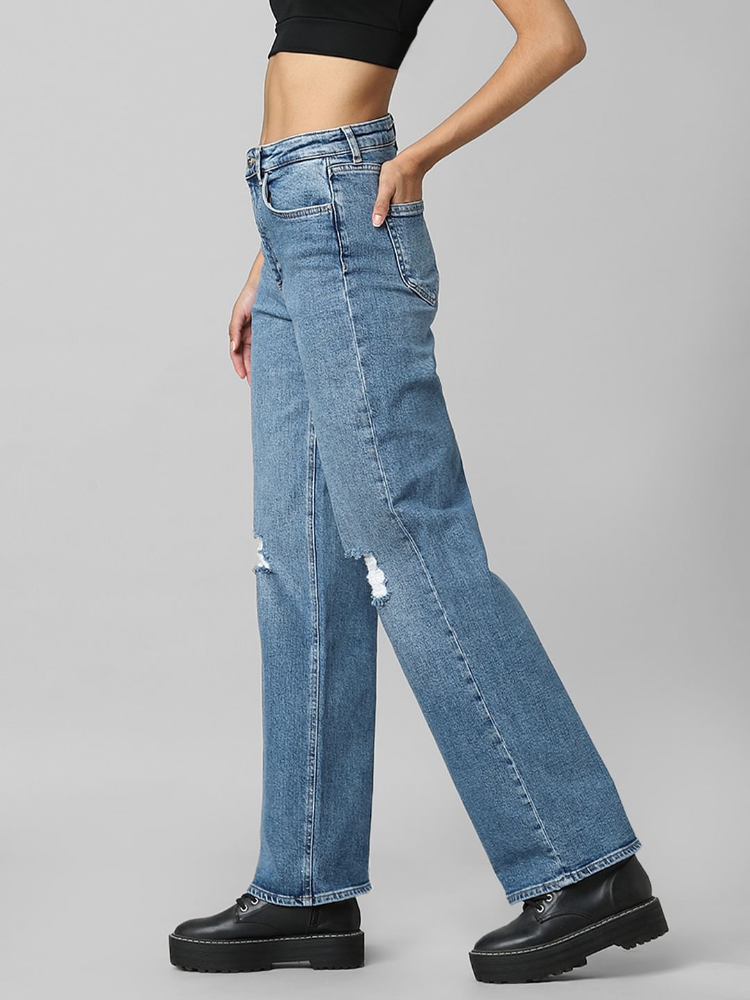 Blue High Rise Distressed Wide Leg Jeans