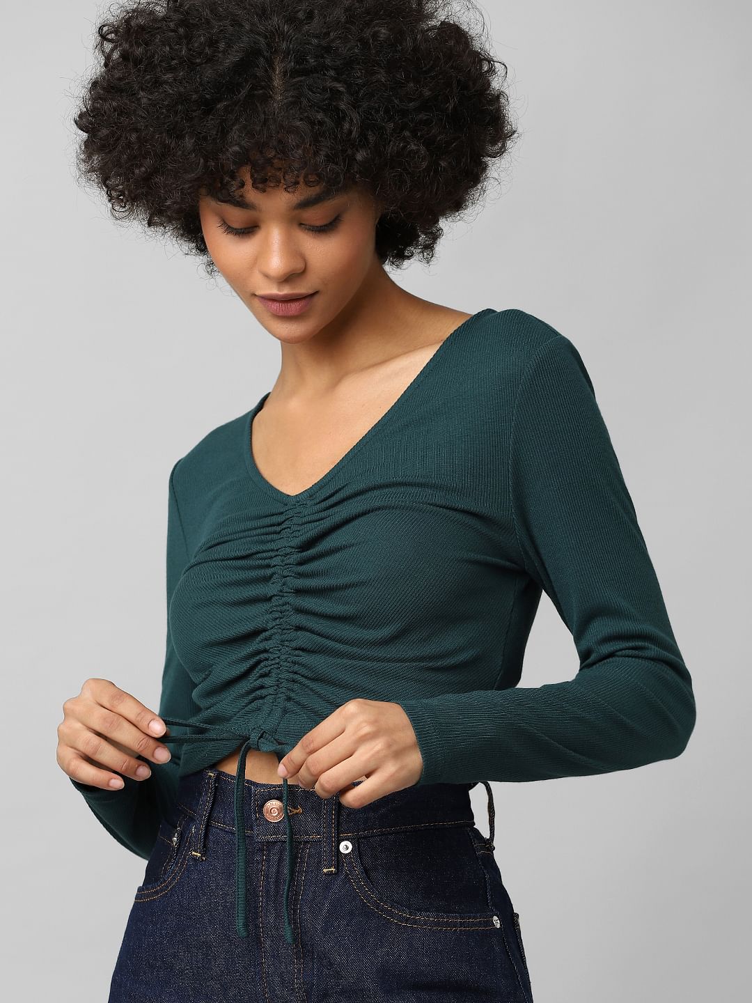 Dark Green Ruched Ribbed Crop Top