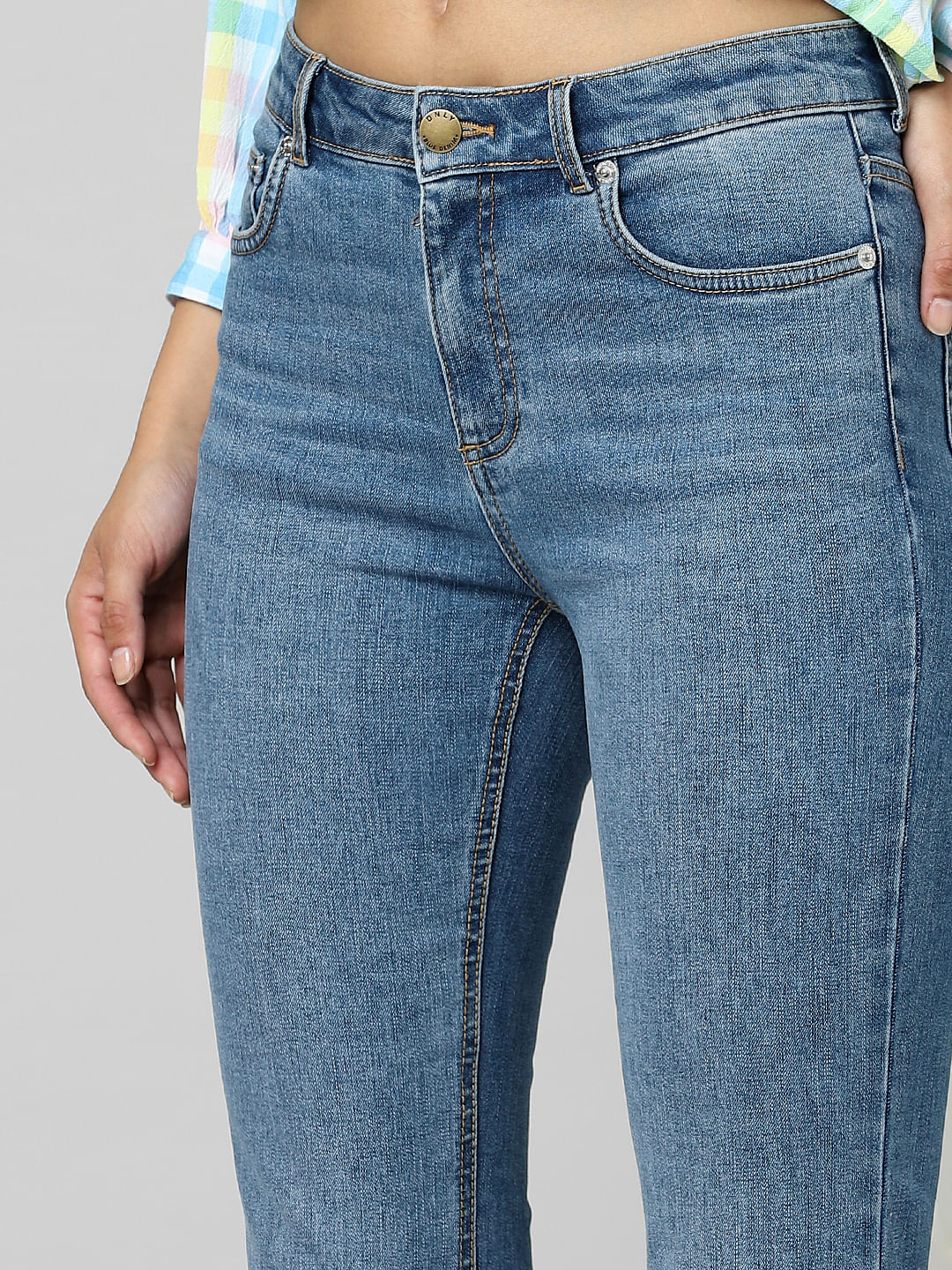 Blue Mid Rise Flared Ankle Length Jeans
