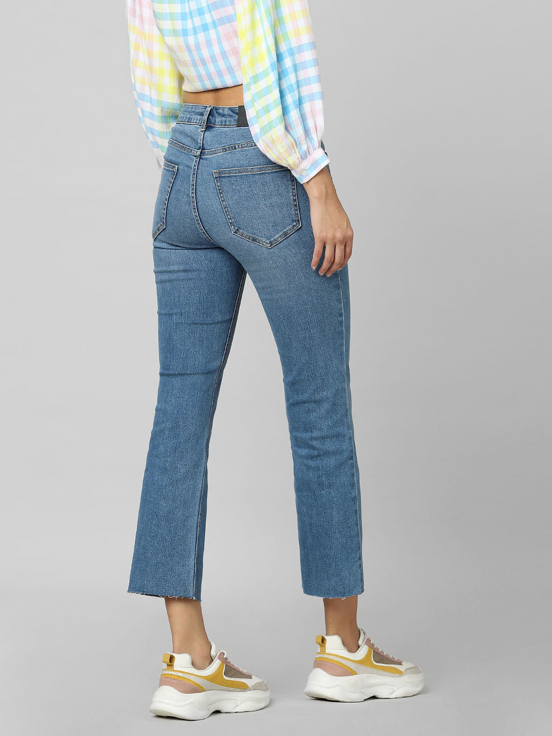 Blue Mid Rise Flared Ankle Length Jeans